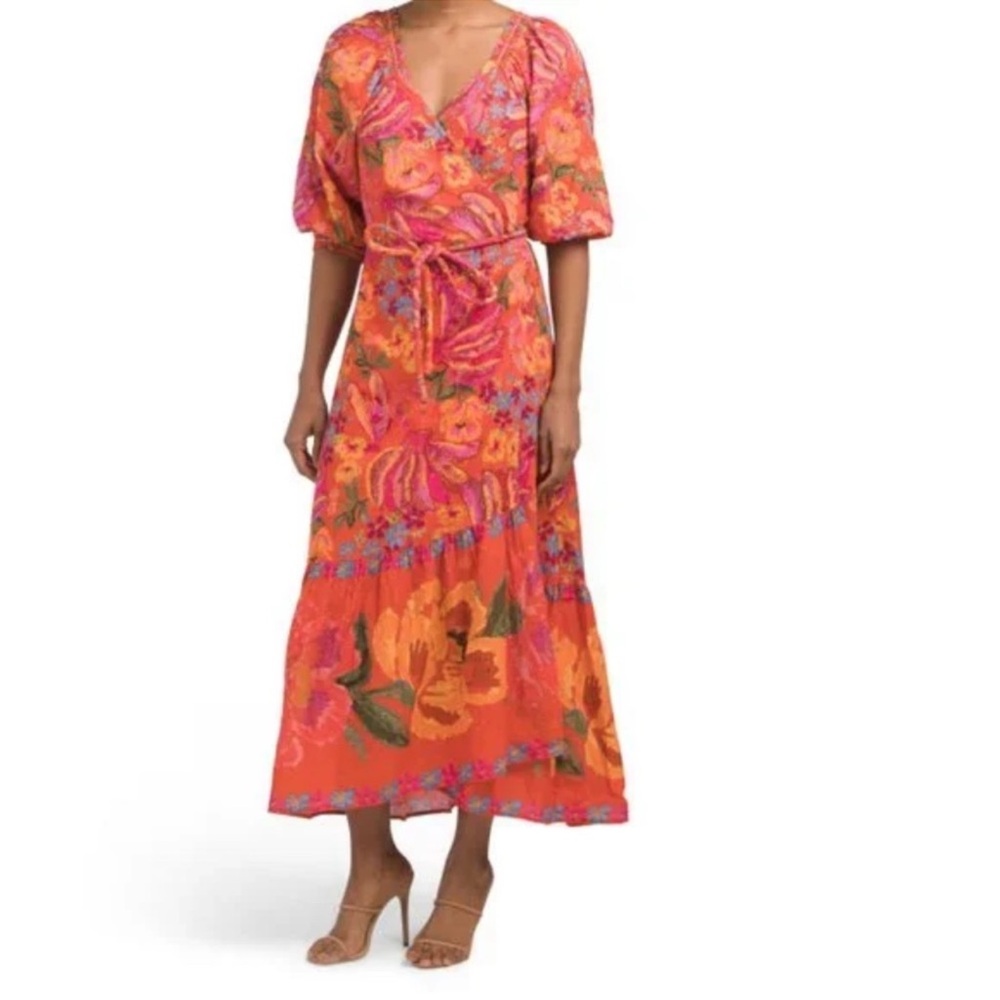 Floral V-Neck Maxi Dress - Orange and Pink